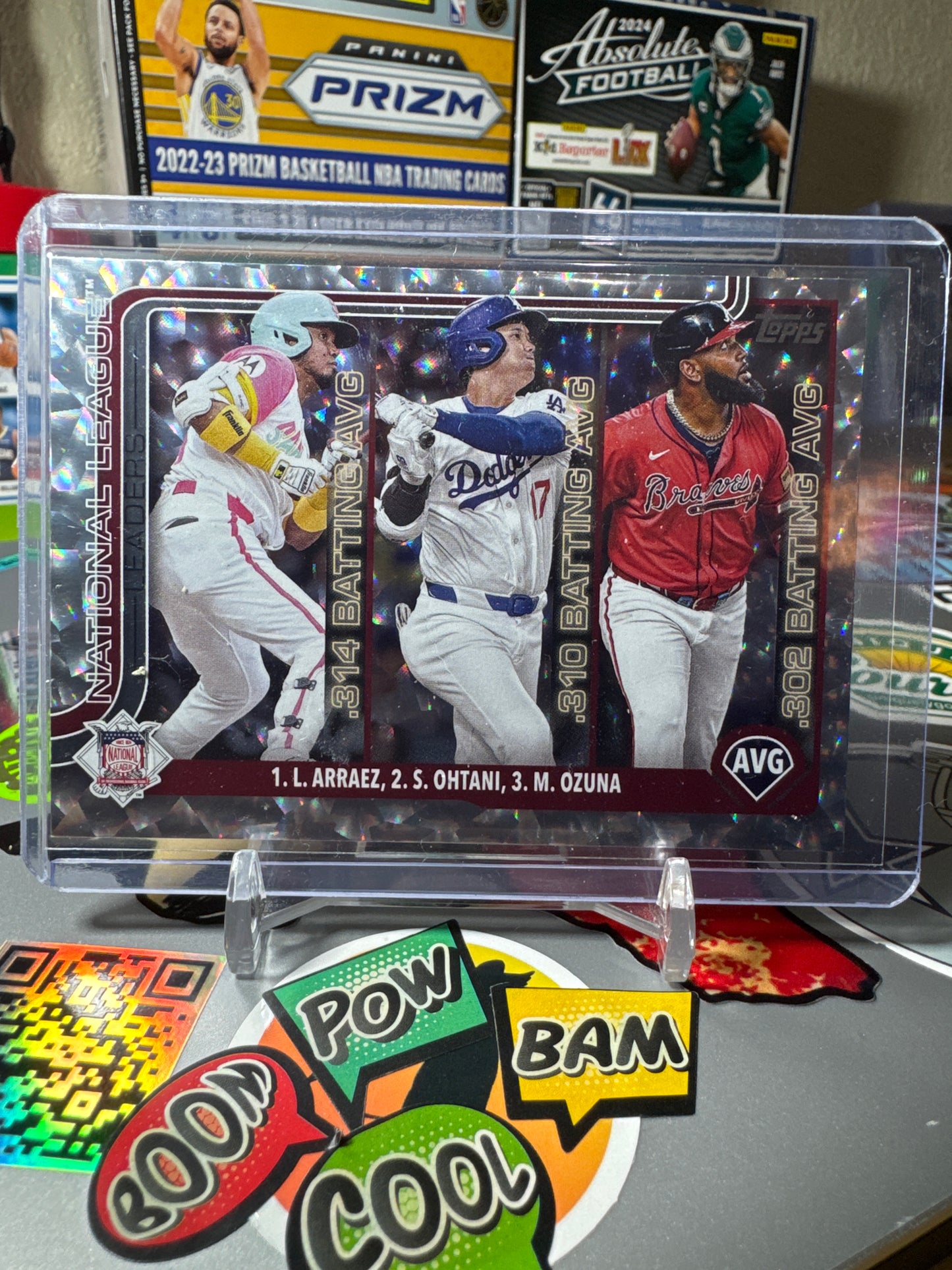 2025 Topps Series One #347 Shohei Ohtani/ Marcell Ozuna/ Luis Arraez- Silver Cracked Ice Foil Parallel