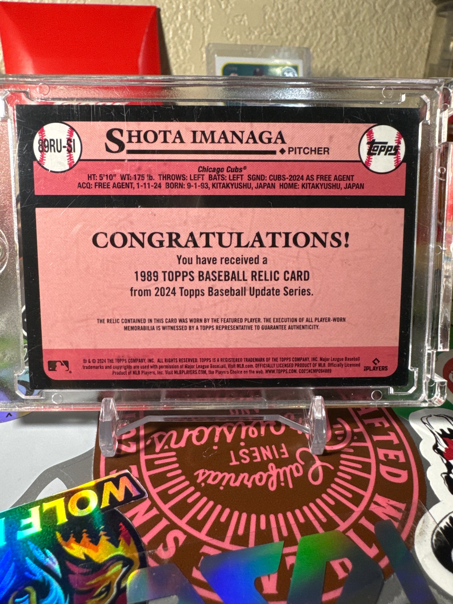 2024 Topps Update 1989 variation #89RU-SI Shota Imanaga RC- Player Worn Relic- Centered Pinstripe.