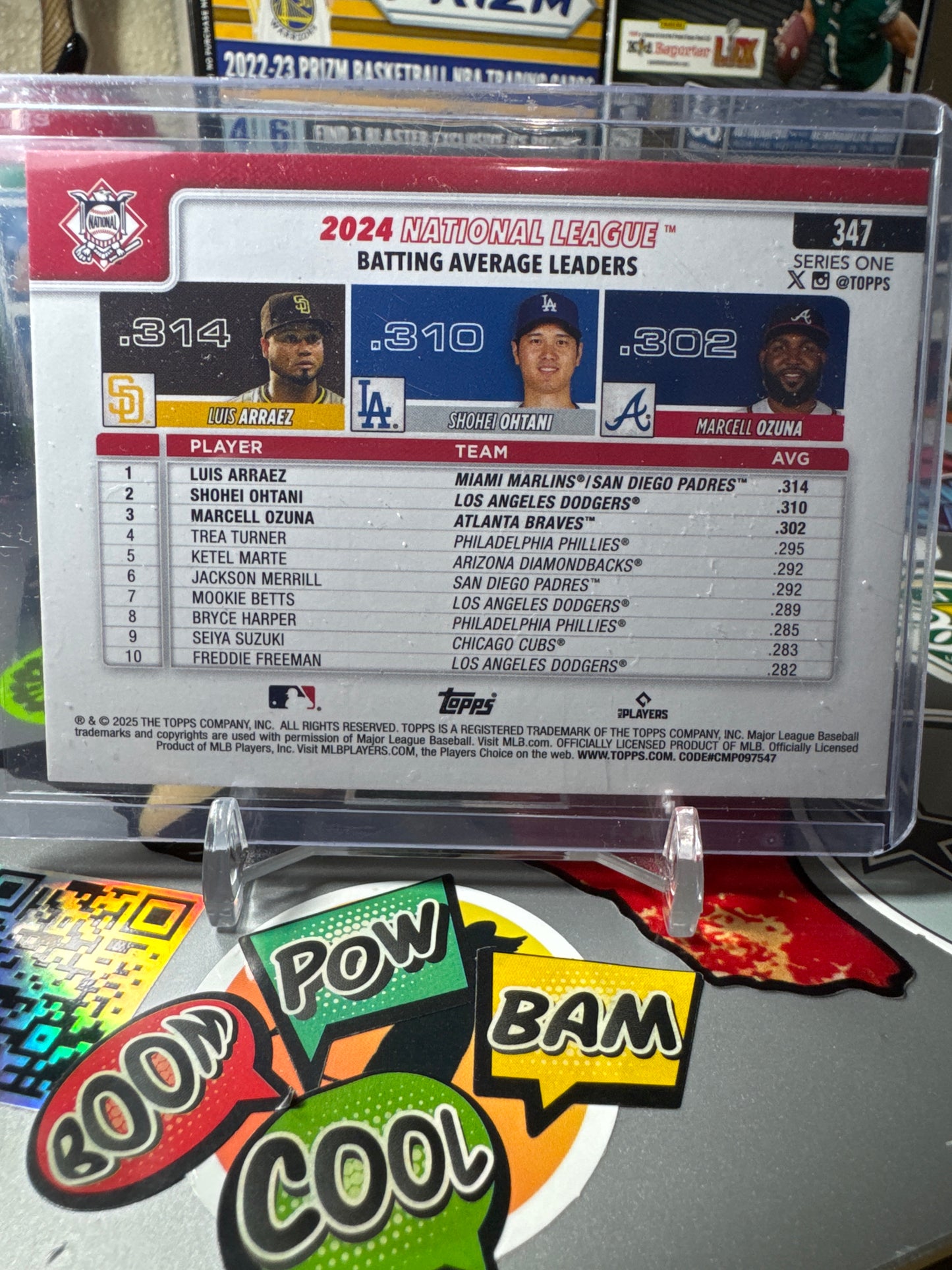 2025 Topps Series One #347 Shohei Ohtani/ Marcell Ozuna/ Luis Arraez- Silver Cracked Ice Foil Parallel