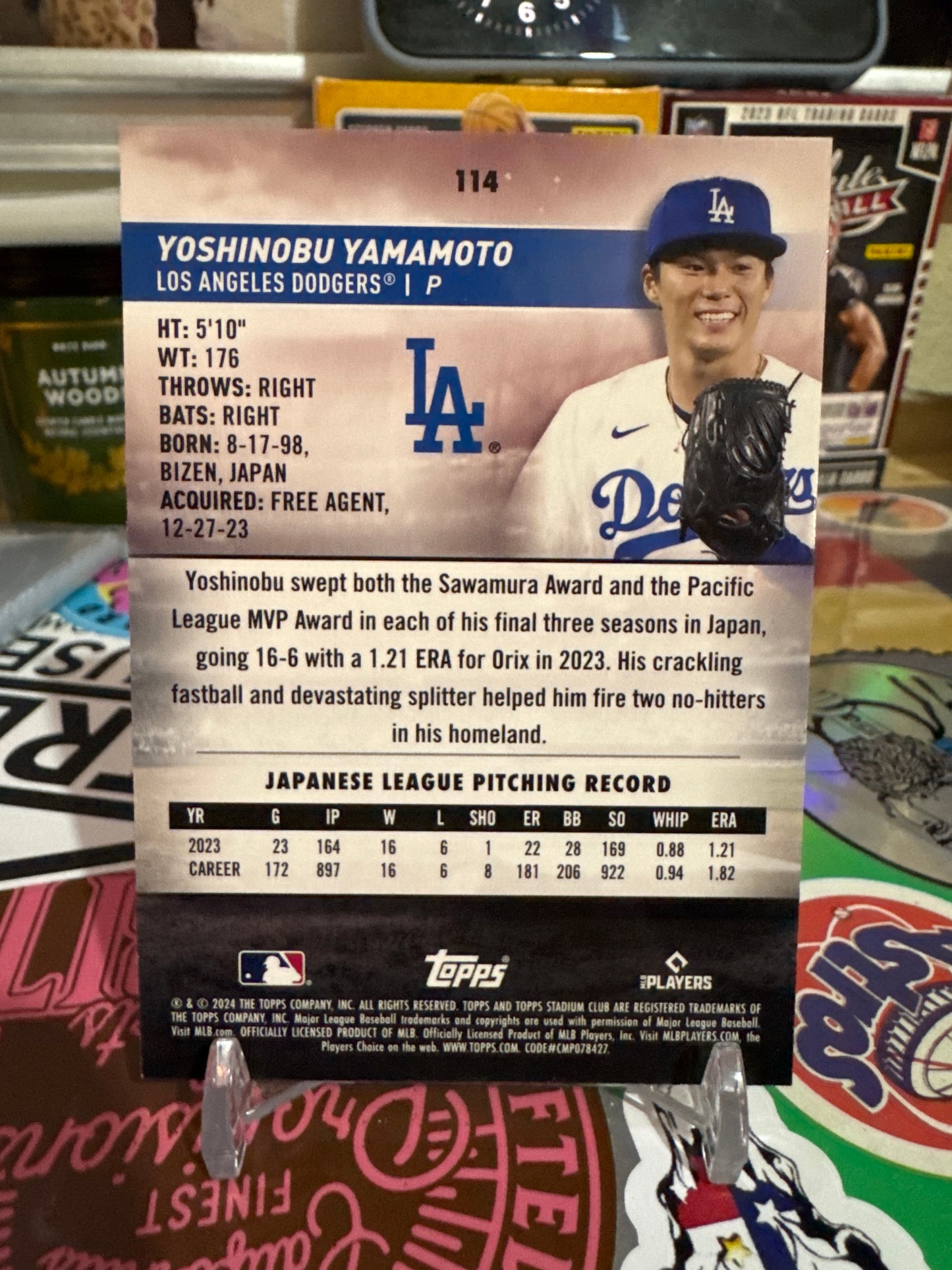 2024 Topps Stadium Club #114 Yoshinobu Yamamoto RC. Pink Foil Parallel