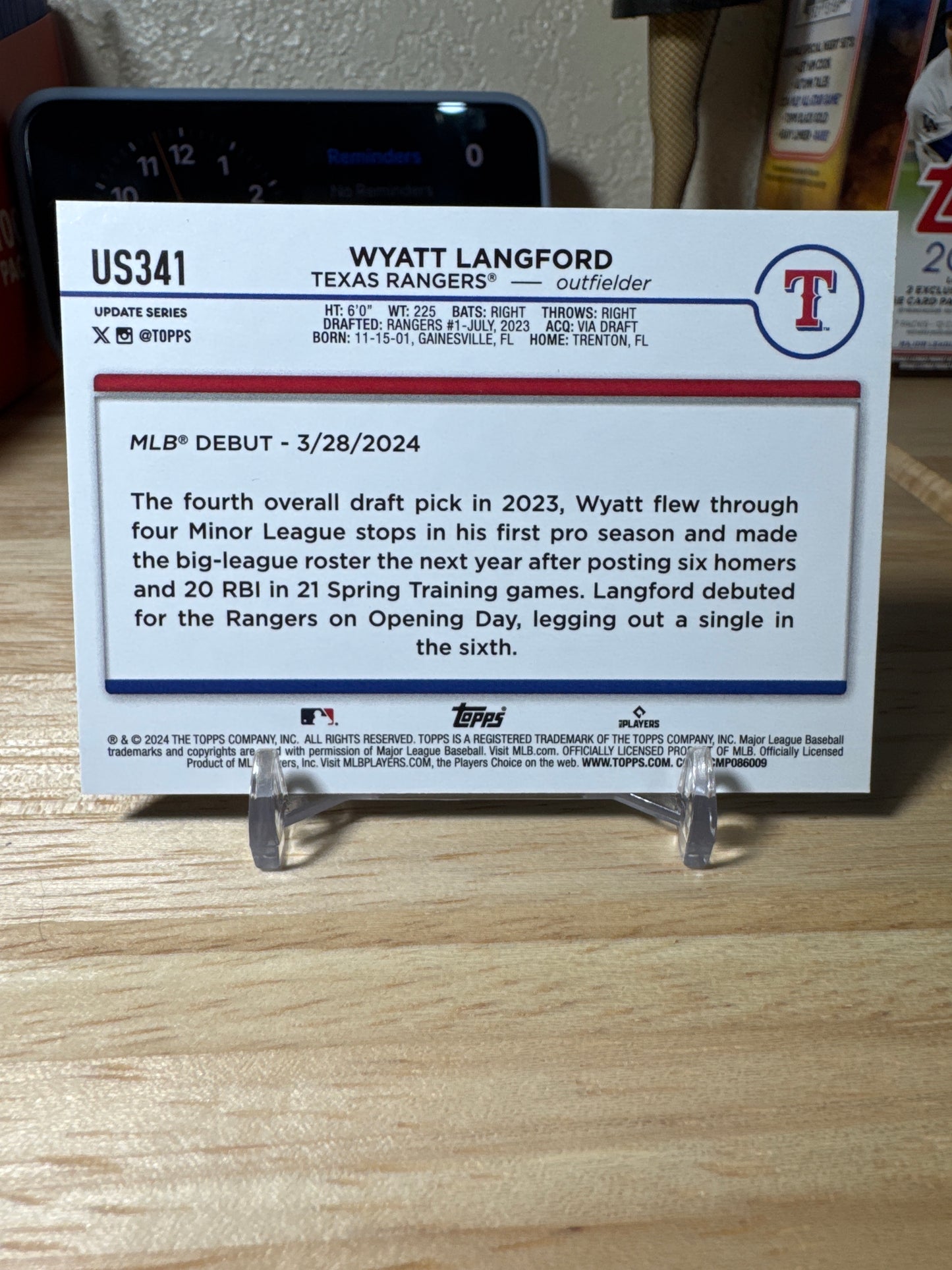 2024 Topps Update #US341 Wyatt Langford RC- Royal Blue, Color Match Parallel