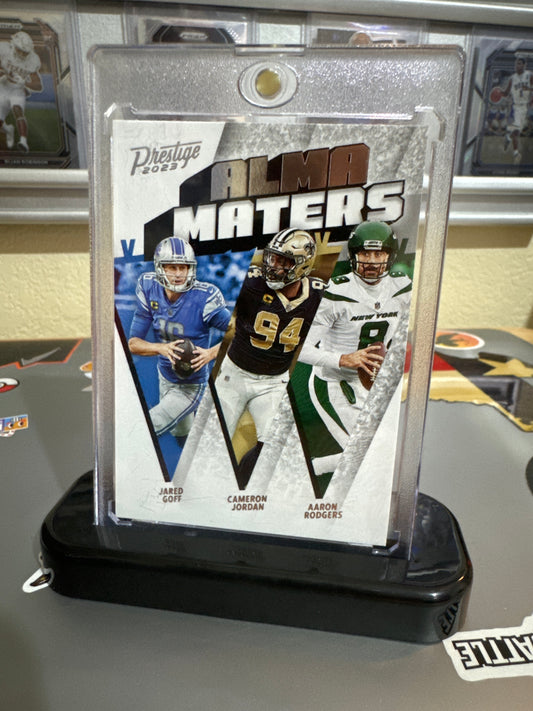 2023 Panini prestige Alma Maters. Aaron Rodgers/ Jared Goff/ Cameron Jordan. #9