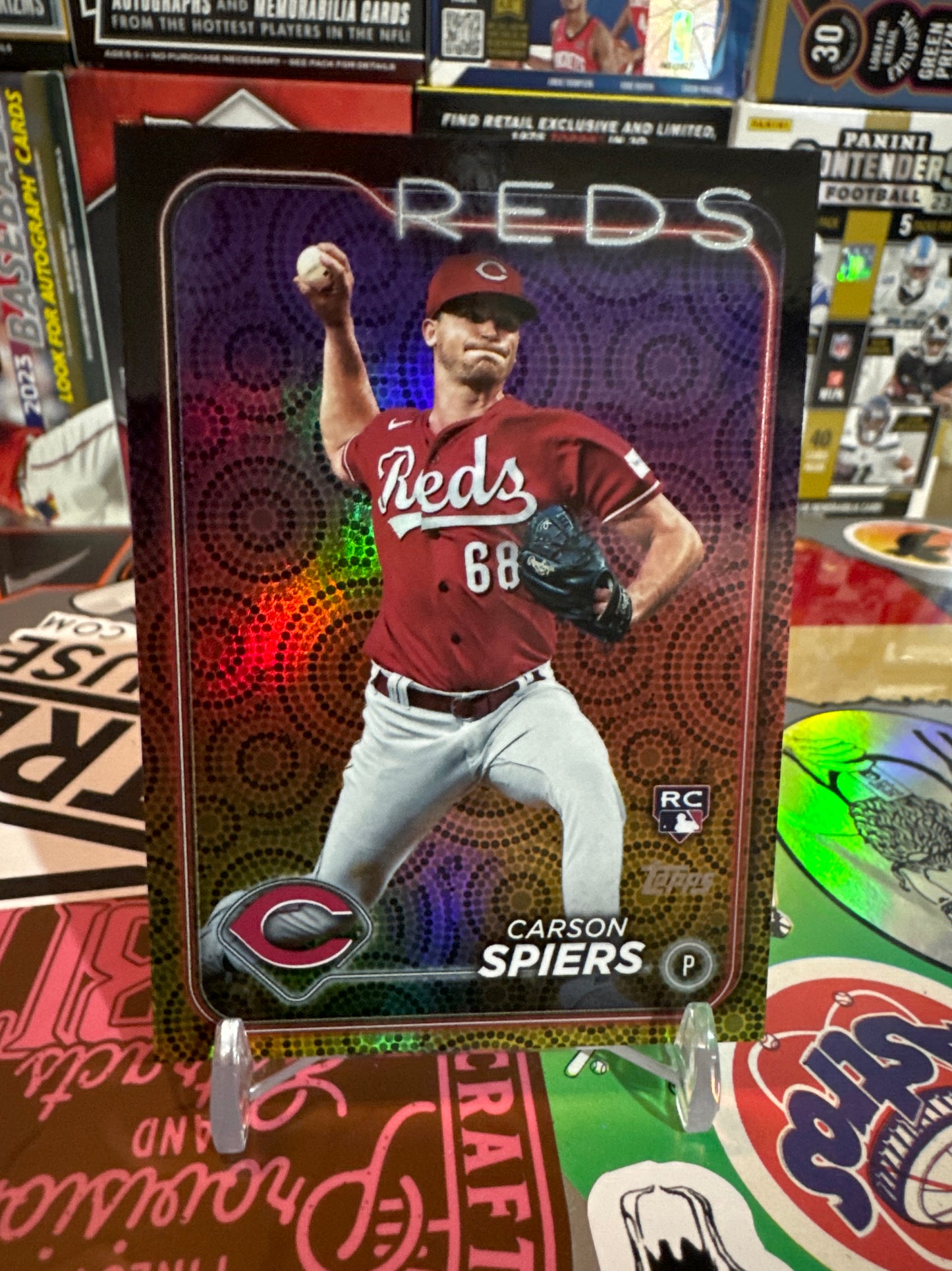 2024 Topps Series 2 #365 Carson Spiers RC. Holiday Rainbow Foil