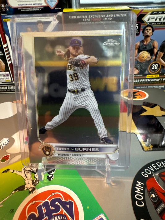 2022 Topps Chrome #167 Corbin Burnes. miss-cut. Cut off on right side part of another partially showing on the left side.