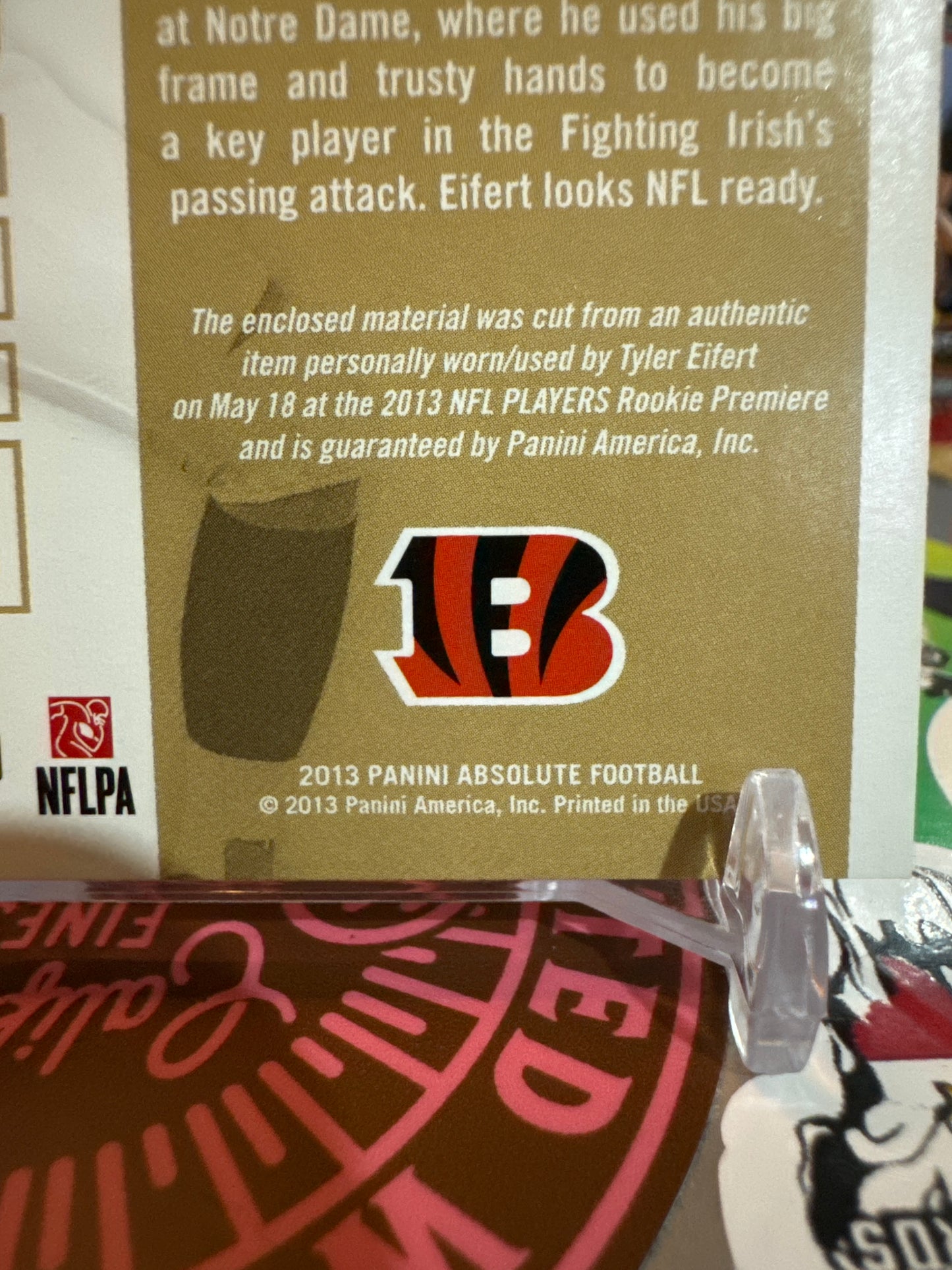 2013 Panini Absolute Rookie Roundup #19. Tyler Eifert. Game worn patch.