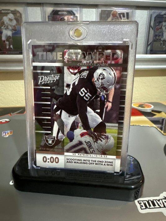 2023 Panini Prestige Time stamped #1 Chandler jones.  2021 Panini Contenders Rookie ticket swatches. Mac Jones.